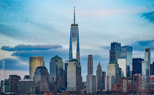 New York City skyline in twilight. New York Manhattan panorama with towers at dusk. New York downtown in evening. New York iconic view in twilight.