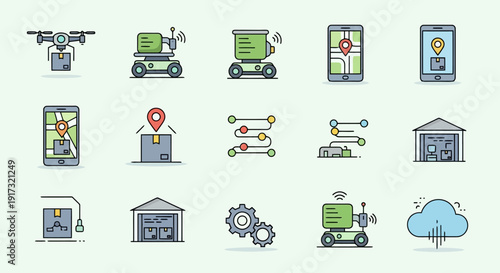 Modern logistics and delivery icons representing technology and transport.