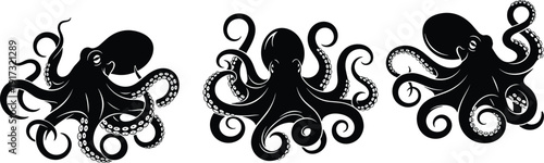 Black octopus silhouette set featuring giant kraken tentacles and sea monster character designs isolated underwater ocean animal vector illustration elements for nautical graphic design