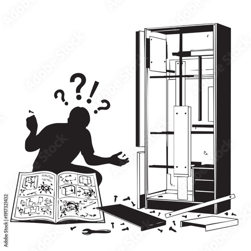 Frustrated Man Assembling Flat-Pack Furniture Following Complex Instructions Artistic Silhouette Depicting DIY Challenge