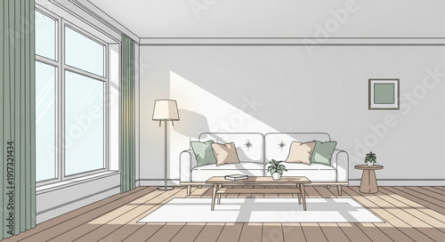 Modern living room with large window and sofa.