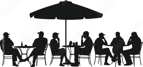 People sitting at outdoor cafe under umbrella, friends meeting and talking at coffee shop terrace silhouette illustration