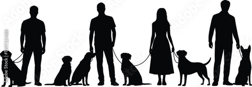 People walking dogs silhouette vector, men and woman standing with pet dogs isolated on white background illustration