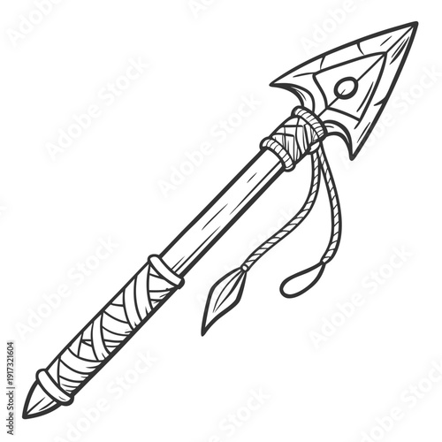 Primitive spear with rope wrapped handle and pointed tip