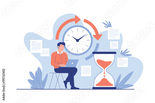 A man sits on a stool working on his laptop with a clock and hourglass nearby, symbolizing time management and productivity.