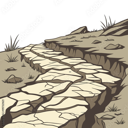 Cracked dry earth path on barren mountain