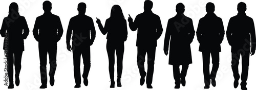 Set of people walking silhouettes, diverse group of men and women in winter coats moving forward, isolated black vector figures on white background