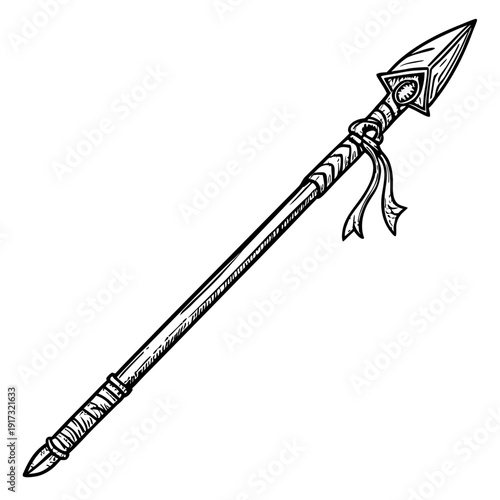 Black and white of a traditional spear with a ribbon