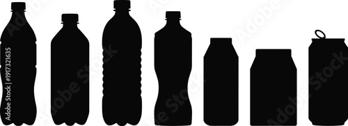 Plastic and aluminum beverage container silhouettes collection, soda water juice bottle and can shapes isolated on white background
