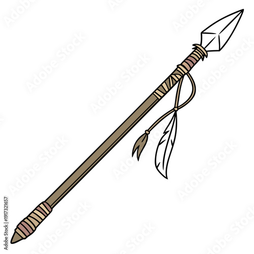 Primitive spear with stone tip and feather fletching 1
