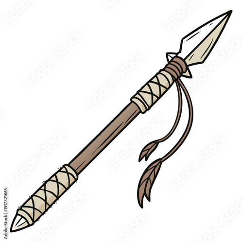 Primitive spear with stone tip and feather fletching