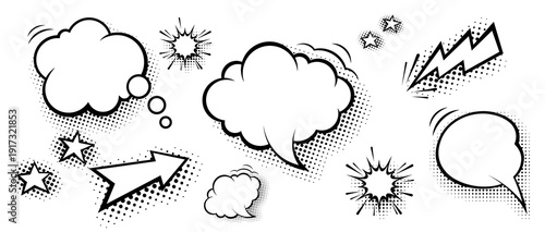 set of hand drawn illustrations, icons, symbol. Message talk icon, bubbles, clouds.