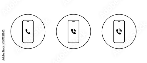 Smartphone call notification icon set in circular outline. Mobile calling symbol. Ringing telephone on cellphone screen sign