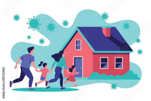 A family of four running towards their home while avoiding germs and viruses in the air