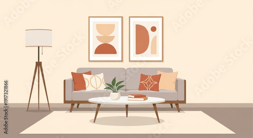 Modern living room with comfortable sofa and abstract art.