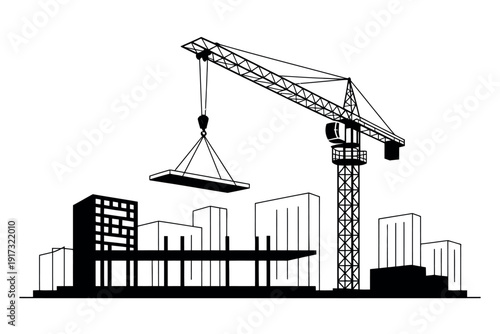 A construction crane lifting a building slab in a cityscape with modern skyscrapers