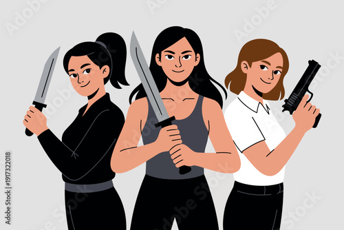 Three women standing together holding various weapons in a powerful stance