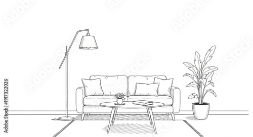 Modern living room sketch with sofa and floor lamp.