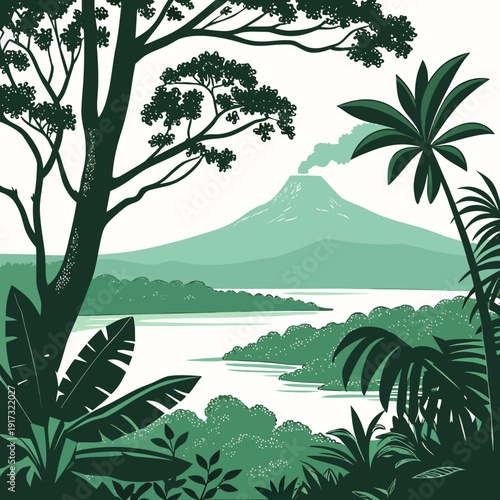 Tropical bay with volcano and lush greenery palm trees