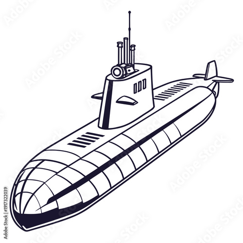 Navy submarine with conning tower and periscope underwater vessel