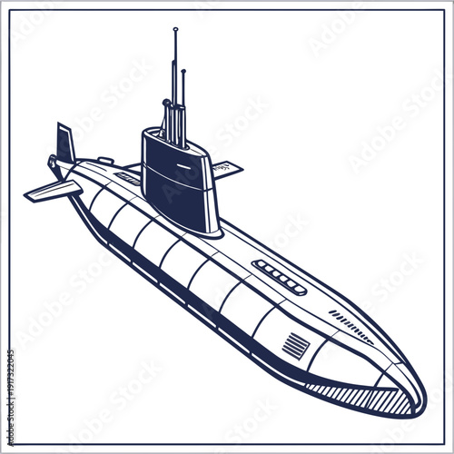 Navy submarine with conning tower and periscope defense submarine