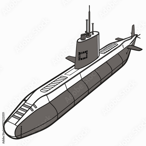 Gray and white defense submarine with conning tower and periscope