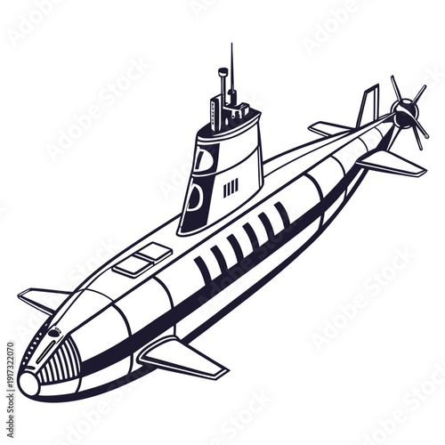 Navy submarine with conning tower and propellers vessel