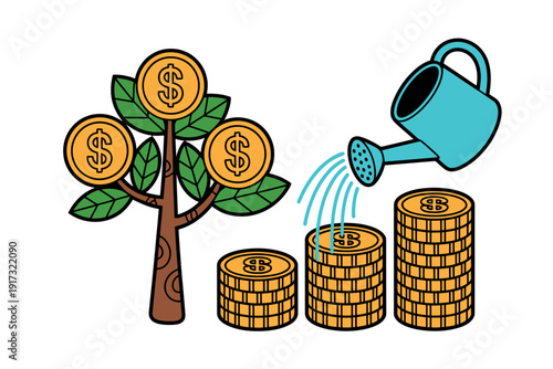 A cartoon illustration of a tree with dollar coins growing on it, being watered to help grow stacks of coins.