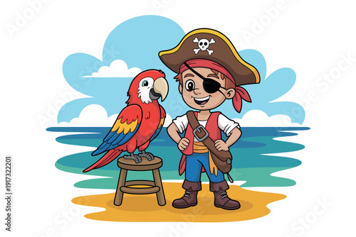 A cartoon pirate boy with a parrot on a stool by the ocean