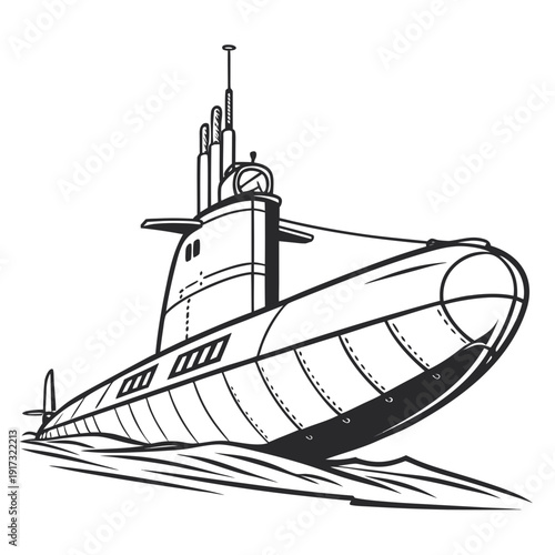 Black and white submarine emerging from water nautical