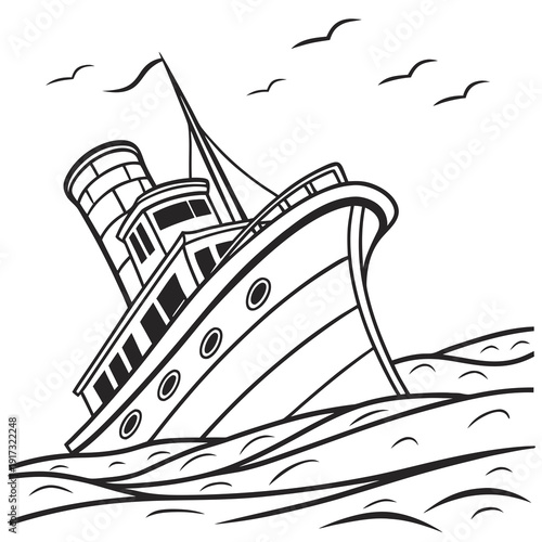 Sinking ship with seagulls flying overhead in black and white