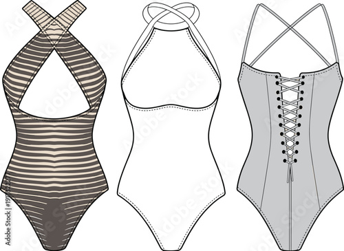 Stylish modern one piece swimsuit with cross strap halter neckline, lace up back design, elegant cutout monokini beachwear fashion