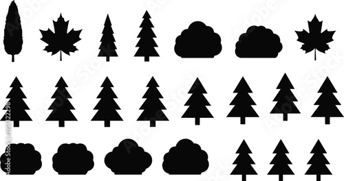 Black tree silhouette set featuring pine fir evergreens maple leaves and bush shapes isolated nature vector illustration elements for forest landscape graphic design project