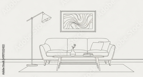 Modern living room sketch with sofa and artwork.