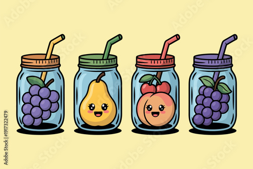 A colorful illustration of four mason jars filled with fruit and straws on a yellow background