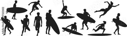 Surfing silhouettes collection, surfers with surfboards running jumping riding waves isolated on white background vector illustration set