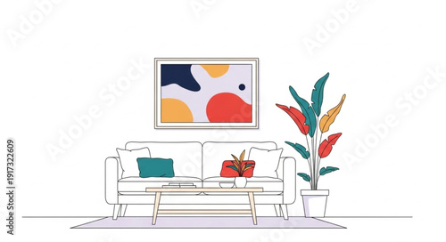 Modern living room interior with abstract art and potted plant.