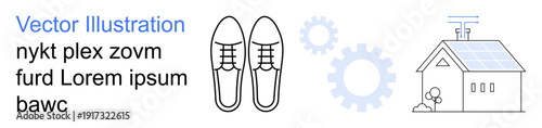 Technology, sustainability, clean energy, eco-friendly lifestyle, innovation, progress. Shoes, gears and a solar-powered house. Sustainability and clean energy concept