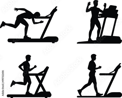 Treadmill workout silhouette collection, men running walking exercising on fitness machine isolated black vector illustration on white background