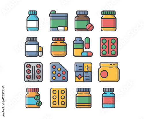 A colorful illustration of various medicine bottles and pills on a white background