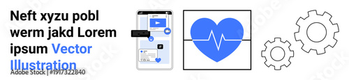 Healthcare, digital services, medical apps, automation, health monitoring, technology integration. Smartphone interface, heartbeat icon gear symbols. Healthcare and digital services concept