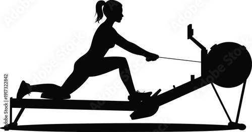 Woman rowing machine silhouette, female athlete exercising on indoor rower fitness equipment isolated black vector illustration on white background