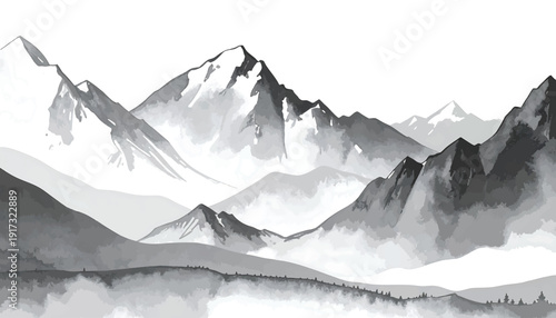 Abstract snowy mountain range with fog and pine trees in watercolor style on transparent background vector