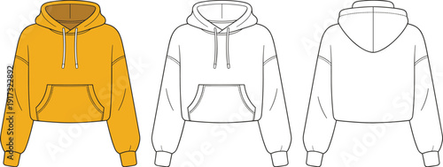 Trendy cropped hoodie sweatshirt front and back view, women casual streetwear pullover with kangaroo pocket, drawstring hood mockup template