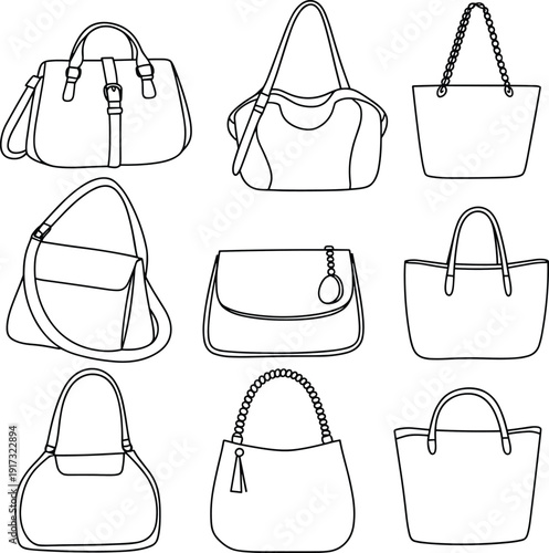 Women handbag outline collection, fashion purse and tote bag line art icons isolated on white background vector set
