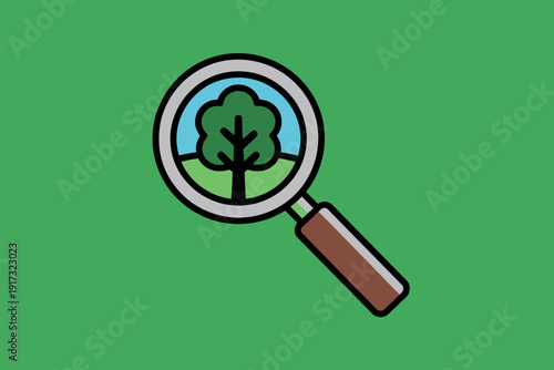 A cartoon magnifying glass with a tree inside the lens on a green background