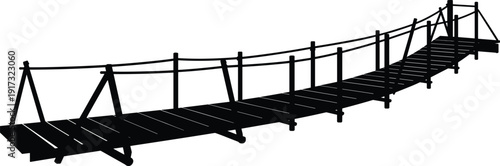 Wooden suspension bridge silhouette vector, isolated rope footbridge pathway structure perspective view on white background illustration design