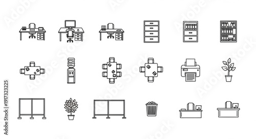Collection of Office Furniture and Equipment Icons.