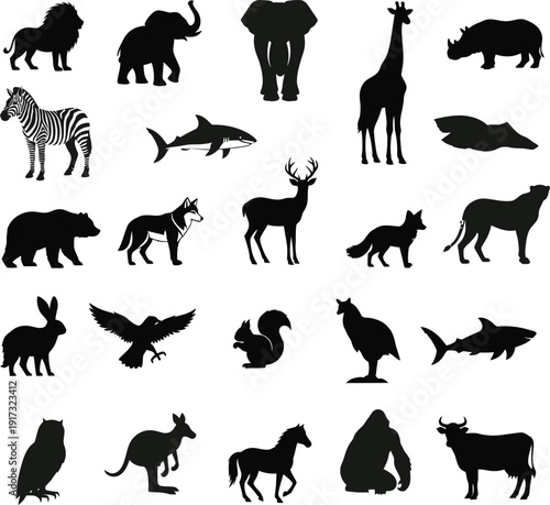 Animal Silhouettes Collection – Farm and Wild Animals Black Vector Set