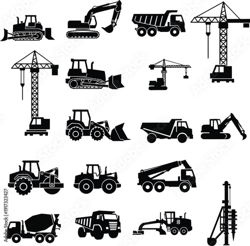 Construction Equipment Silhouettes – Heavy Machinery Black Vector Collection